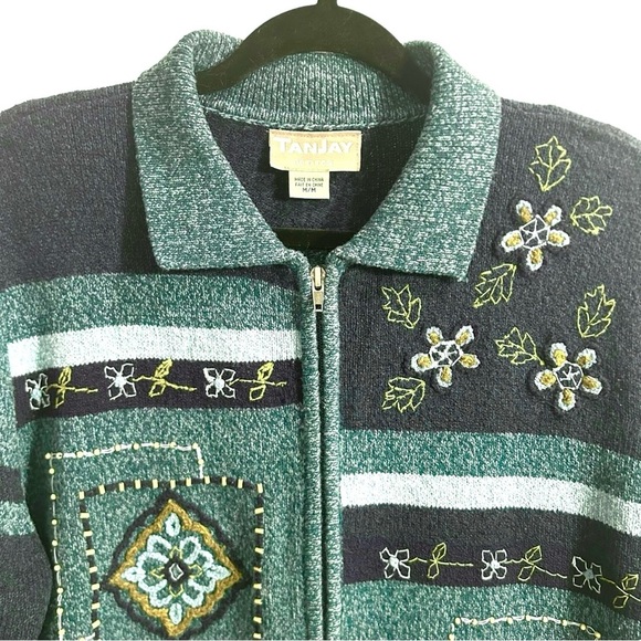 TanJay Petite Teal Navy Floral Embroidered Zip Up Cardigan Women's Size Medium - Picture 2 of 6